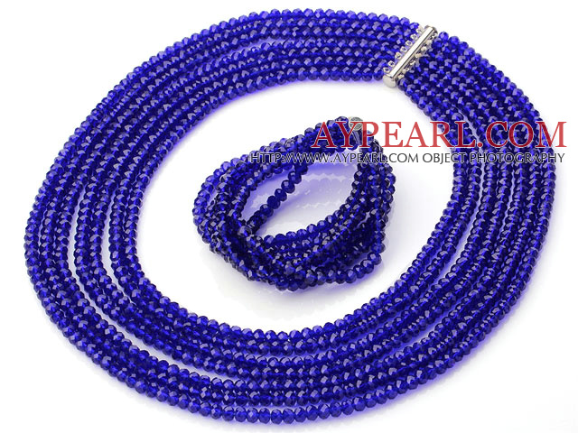 Beautiful Multi Strands Manmade Blue Crystal Necklace Bracelet Sets With Magnetic Clasp