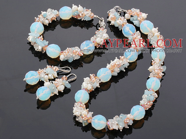 Fashion Freshwater Pearl Crystal Aquamarine And Opal Gemstone Sets (Necklace Bracelet With Matched Earrings)