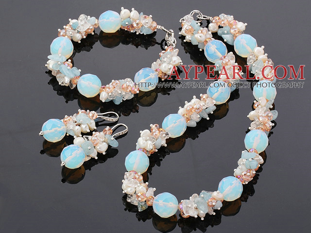 Mode perles d'eau douce en cristal aigue-marine et opales de pierre gemme Ensembles ( collier bracelet avec Assorti d'oreilles )