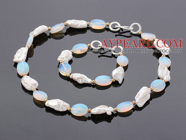 Fashion Irregular Blister Pearl And Oval Shape Opal Stone Sets (Necklace With Matched Bracelet)