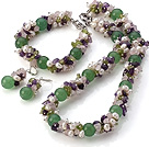 Nice Cluster Style White Pearl And Rose Quartz Amethyst Olive Chips And Round Aventurine Sets (Necklace With Matched Bracelet And Earrings)