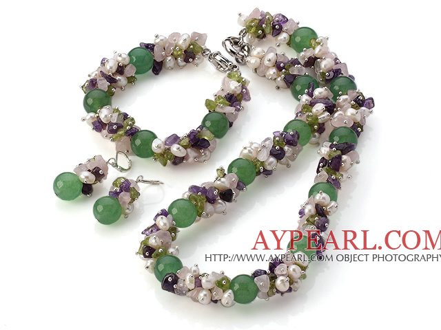 Nice Cluster Style White Pearl And Rose Quartz Amethyst Olive Chips And Round Aventurine Sets (Necklace With Matched Bracelet And Earrings)