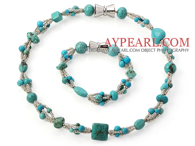 Mode multi brins aléatoire Formes bleu et vert turquoise Parures ( collier avec bracelet assorti )