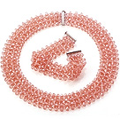 Popular Multi Strands Handmade Pink Crystal Sets (Netted Necklace With Matched Bracelet)