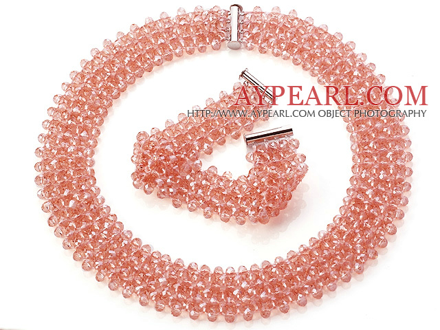 Popular Multi Strands Handmade Pink Crystal Sets (Netted Necklace With Matched Bracelet)