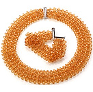 Wholesale Popular Multi Strands Handmade Orange Yellow Crystal Sets (Netted Necklace With Matched Bracelet)