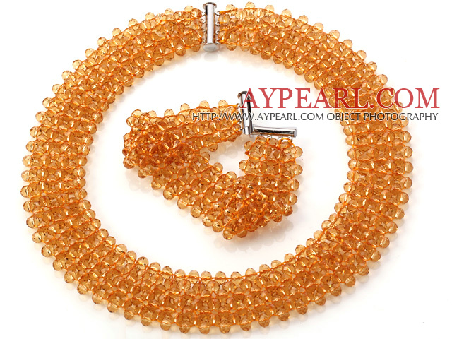 Popular Multi Strands Handmade Orange Yellow Crystal Sets (Netted Necklace With Matched Bracelet)