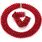 Popular Multi Strands Handmade Red Crystal Sets (Netted Necklace With Matched Bracelet)
