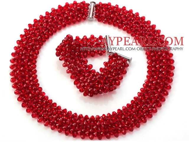 Popular Multi Strands Handmade Red Crystal Sets (Netted Necklace With Matched Bracelet)