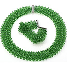 Popular Multi Strands Handmade Apple Green Crystal Sets (Netted Necklace With Matched Bracelet)