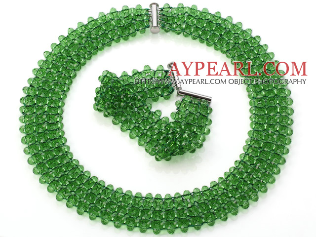 Popular Multi Strands Handmade Apple Green Crystal Sets (Netted Necklace With Matched Bracelet)