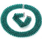 Popular Multi Strands Handmade Green Crystal Sets (Netted Necklace With Matched Bracelet)