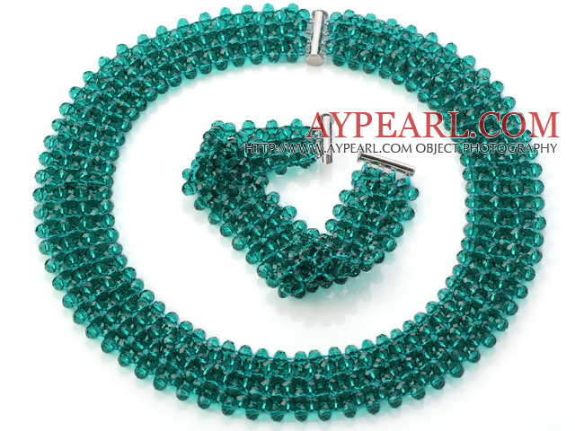 Popular Multi Strands Handmade Green Crystal Sets (Netted Necklace With Matched Bracelet)