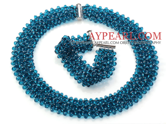 Popular Multi Strands Handmade Deep Blue Crystal Sets (Netted Necklace With Matched Bracelet)