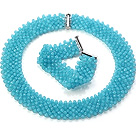 Wholesale Popular Multi Strands Handmade Lake Blue Crystal Sets (Netted Necklace With Matched Bracelet)