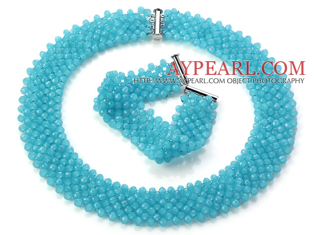 Popular Multi Strands Handmade Lake Blue Crystal Sets (Netted Necklace With Matched Bracelet)