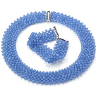 Wholesale Popular Multi Strands Handmade Light Blue Crystal Sets (Netted Necklace With Matched Bracelet)