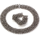 Popular Multi Strands Handmade Blackish Grey Crystal Sets (Netted Necklace With Matched Bracelet)