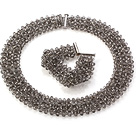 Wholesale Popular Multi Strands Handmade Blackish Grey Crystal Sets (Netted Necklace With Matched Bracelet)