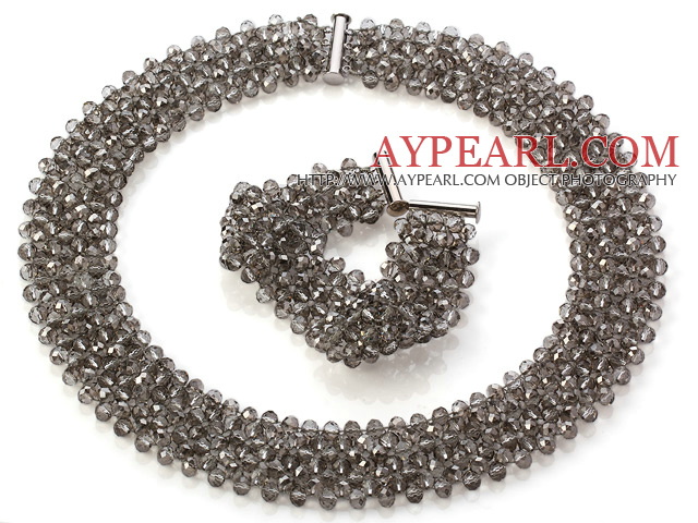 Popular Multi Strands Handmade Blackish Grey Crystal Sets (Netted Necklace With Matched Bracelet)