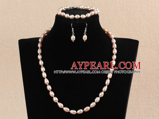 Mote Mor Gift 7-8mm Natural Pink Rice Pearl smykker sett med hjerte Clasp (halskjede, armbånd og øredobber)