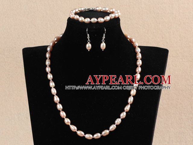 Fashion Mother Gift 7-8mm Natural Pink Rice Pearl Jewelry Set With Heart Clasp(Necklace, Bracelet & Earrings)