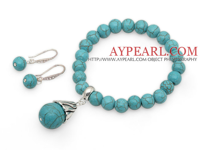 Classique Ensemble turquoise perles (bracelet élastique et boucles d'oreilles appariées)