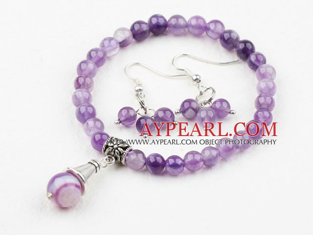 Classic Amethyst Beaded Set ( Elastic Bracelet and Matched Earrings )