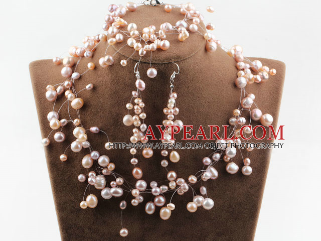 Fancy Style Pink Purple Freshwater Pearl Wedding Bridal Set ( Necklace Bracelet and Earrings )