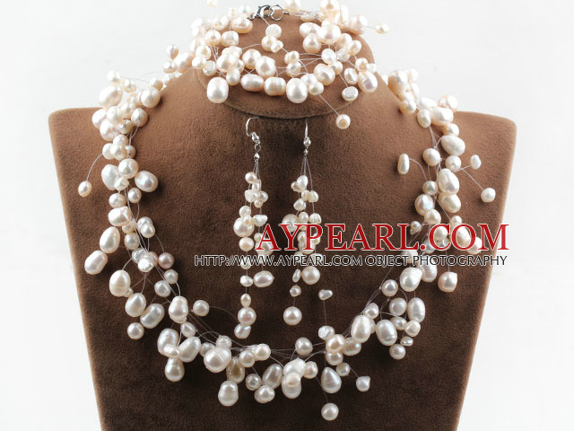 Fancy Style White Freshwater Pearl Wedding Bridal Set ( Necklace Bracelet and Earrings )