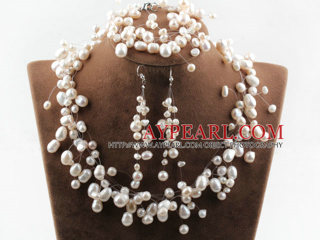 Fancy Στυλ White Pearl γλυκού νερού Νυφικά Σετ σουίτα (βραχιόλι κολιέ και σκουλαρίκια)