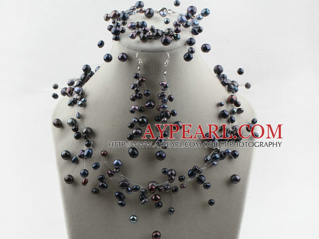 Fancy Style Black Freshwater Pearl Wedding Bridal Set ( Necklace Bracelet and Earrings )