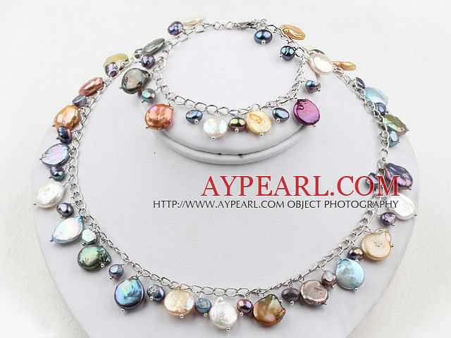Assorted Multi Color Coin Pearl Set ( Necklace and Matched Bracelet )