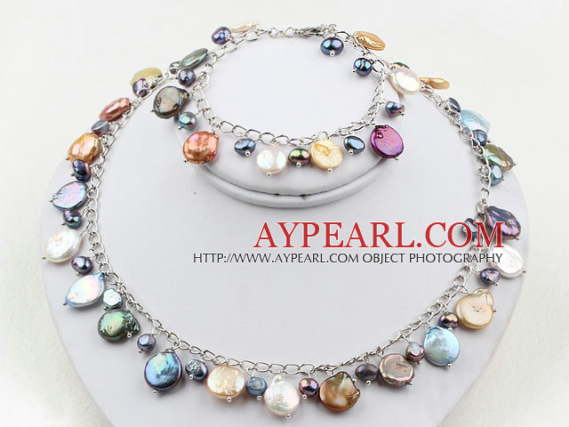 Assorted Multi Color Coin Pearl Set (Halsband och matchas Armband)