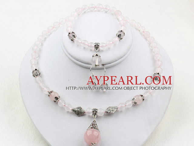 Round Rose Quartz Set ( Necklace and Matched Earrings )