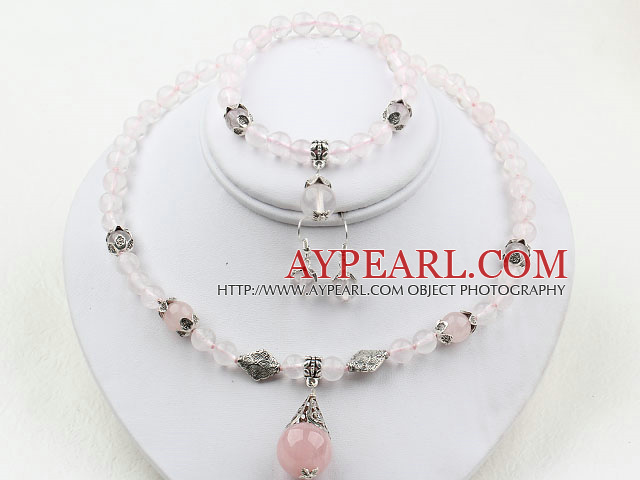 Ronde Rose Ensemble Quartz (Collier et boucles d'oreilles appariées)