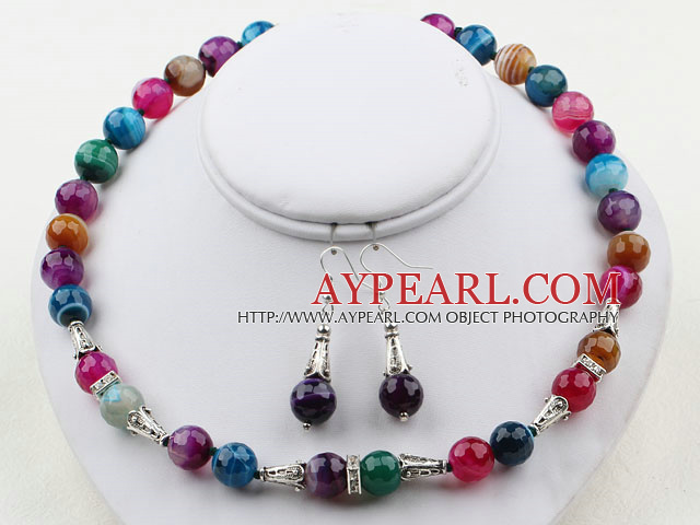 12mm ronde Set multi Agate couleur (Collier et boucles d'oreilles appariées)