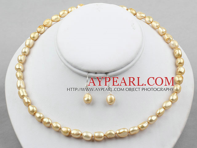 8-9mm gylne Champagne Baroque Pearl Set (Halskjede og matchet øredobber)