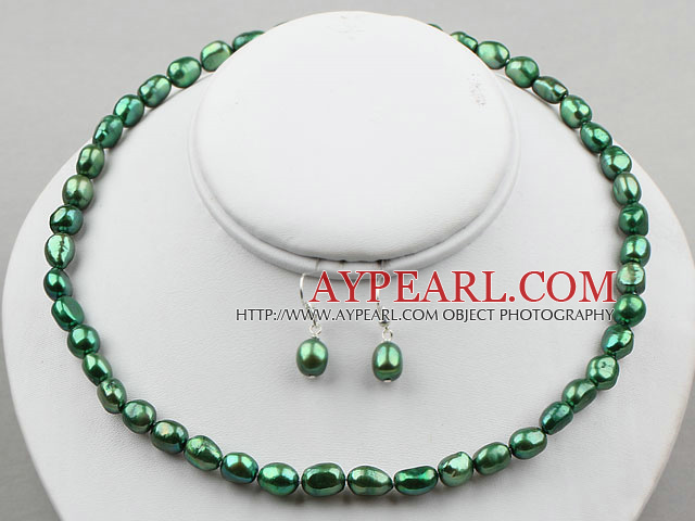 8-9мм Павлин Зеленая жемчужина барокко Set (ожерелье и серьги согласованный)