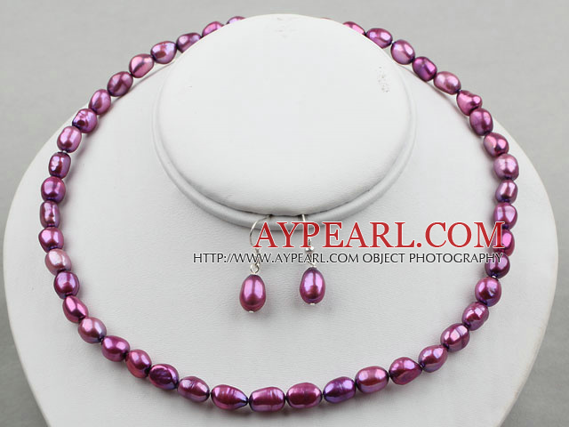 8-9mm Dark Purple Baroque Pearl Set ( Necklace and Matched Earrings )