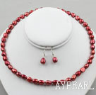 8-9mm Vin rouge Couleur Perle baroque Set (Collier et boucles d'oreilles appariées)