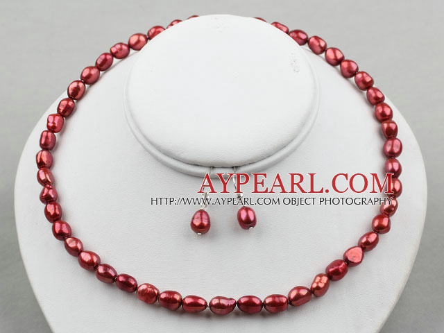 8-9mm Vin rouge Couleur Perle baroque Set (Collier et boucles d'oreilles appariées)