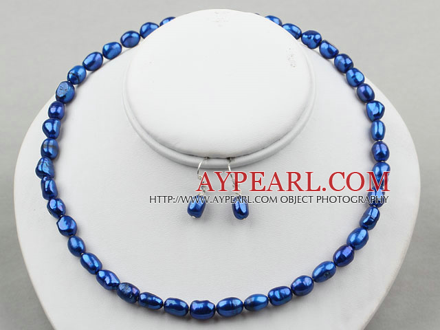 8-9mm Dark Blue Color Baroque Pearl Set ( Necklace and Matched Earrings )