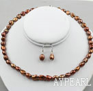 8-9mm Brown Couleur Perle baroque Set (Collier et boucles d'oreilles appariées)