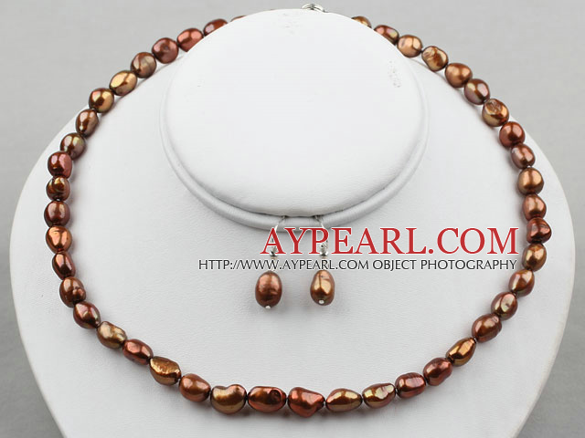 8-9mm brun färg Baroque Pearl Set (Halsband och matchade örhängen)