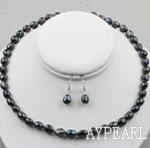 8-9mm noir Perle baroque Set (Collier et boucles d'oreilles appariées)