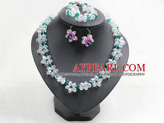 Fancy Stil Hvit Grønn Color Crystal Flower Jewelry Set (kjede med Mathced armbånd og øredobber)