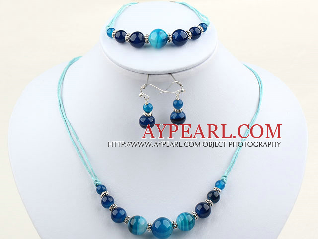 Простой стиль круглый голубой агат Set (браслет и ожерелье Согласованные серьги)