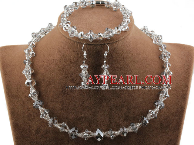 Faceted Gray Crystal Set ( Necklace Bracelet and Matched Earrings )