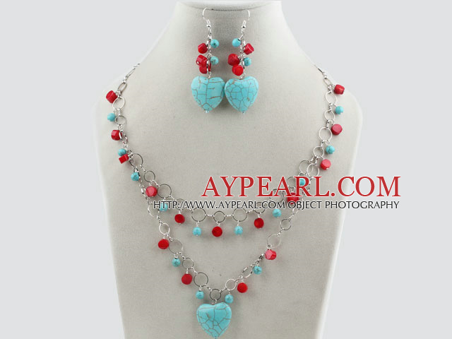 Assorted Red Coral and Heart Shape Turquoise Set with Metal Chain ( Necklace and Matched Earrings )